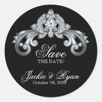 Monogram Wedding Save The Date Black Silver Classic Round Sticker by WeddingShop88 at Zazzle