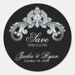 Monogram Wedding Save the Date Black Silver Classic Round Sticker