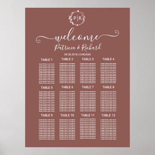 Monogram Wedding Seating Chart Sign Foam Board