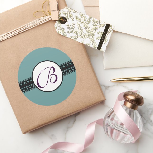 Monogram Wedding Star Borders Classic Round Sticker (Gifting)