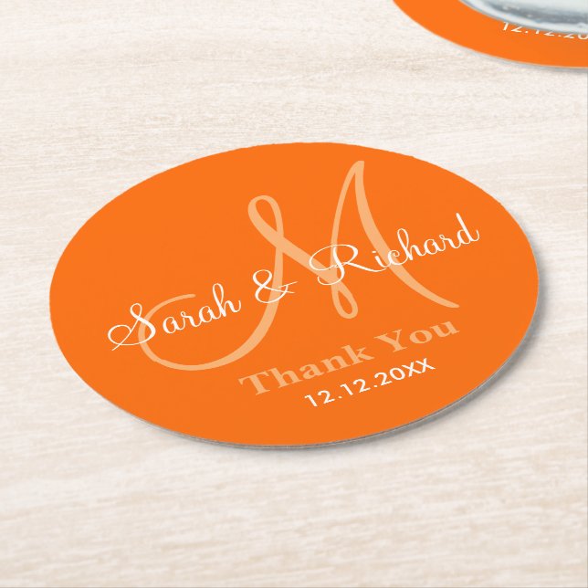 Monogram Wedding Thank You Orange Round Paper Coaster (Angled)