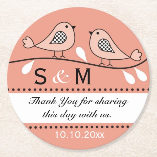 Monogram Wedding Thank You Peach Love Birds Round Paper Coaster