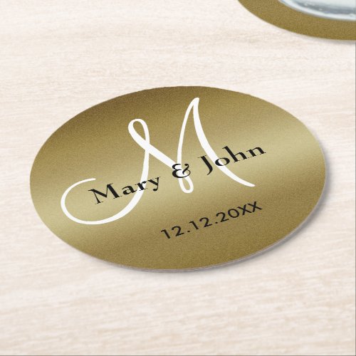 Monogram Wedding Thank You Shimmery Gold Round Paper Coaster