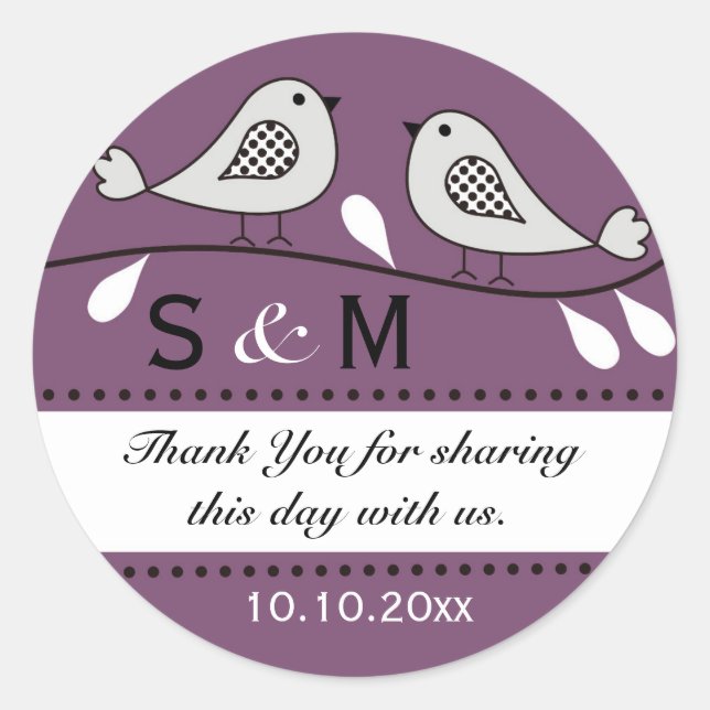Monogram Wedding Thank You Stickers:Purple Classic Round Sticker (Front)