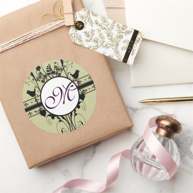 Monogram Wedding Vintage Borders Classic Round Sticker (Gifting)