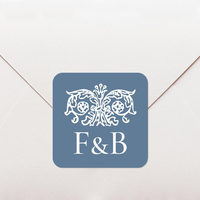 Monogram Wedding Vintage Flower Blue Square Sticker (Creator Uploaded)