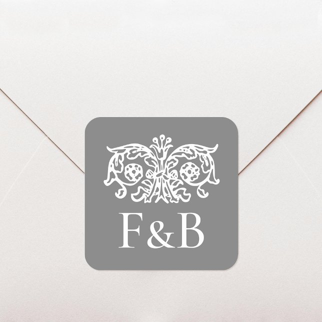 Monogram Wedding Vintage Flower Dark Gray Square Sticker (Creator Uploaded)