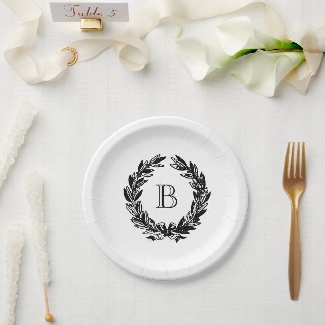 Monogram Wedding Wreath Illustration Paper Plates (Wedding)