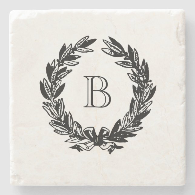 Monogram Wedding Wreath Illustration Stone Coaster (Front)