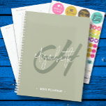 Monogram Weekly Monthly Planner<br><div class="desc">This spiral-bound planner features a green monogram initial and your first name in white on a sage green background. Choose SOFT or HARD COVER and the color of your spiral spine. Includes monthly and weekly planning space, 60 pages and 12 months. Fun for yourself or create as a gift.</div>