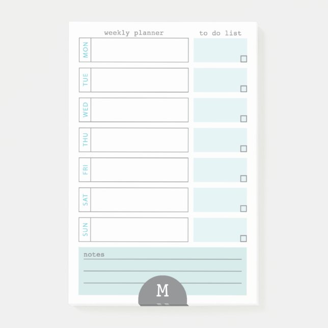 Monogram Weekly Planner Teal Post It Notes (Front)