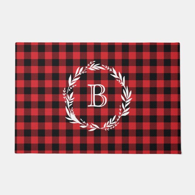 Monogram Welcome Wreath Buffalo Check Pattern Doormat (Front)