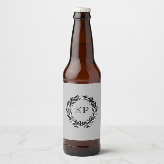 Monogram Welcome Wreath Gray Autumn Beer Bottle Label (Front)