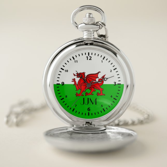 Monogram Welsh Red Dragon Wales Flag Pocket Watch (Inside)