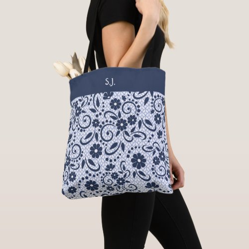 Monogram whimsical blue flowers tote bag