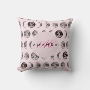 Monogram Whimsical Dreamy  Moon Phases Pattern Throw Pillow