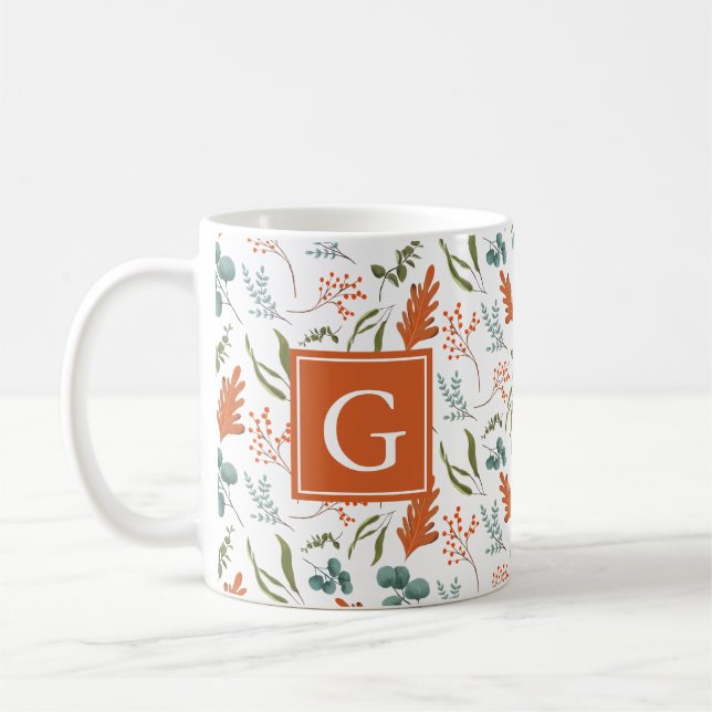 Monogram Whimsical Fall Botanicals Pattern Coffee Mug (Left)