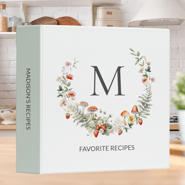 Monogram Whimsical Floral Botanical Family Recipe 3 Ring Binder (In situ)