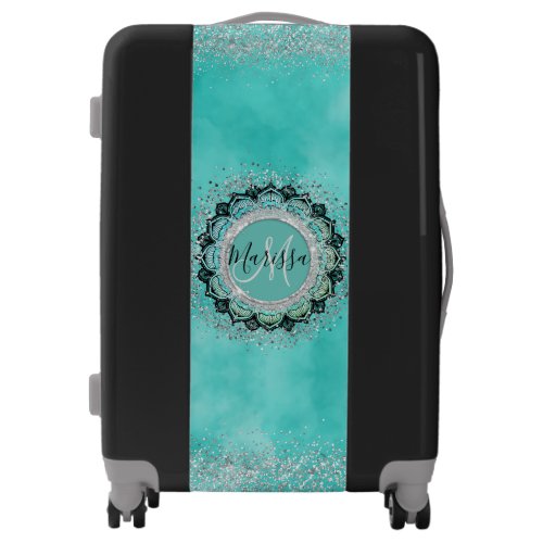 Monogram Whimsical Glittery Lotus Mandala on Teal  Luggage