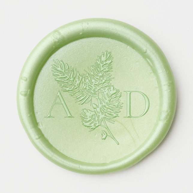 Monogram Whimsical Green and Gold Pine Wedding Wax Seal Sticker (Front)
