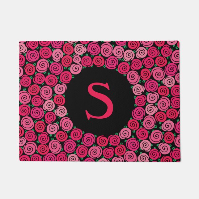 Monogram Whimsical Pink Roses Personalized Doormat (Front)