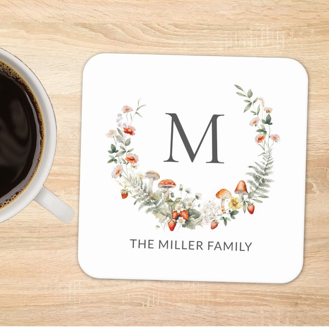 Monogram Whimsical Watercolor Floral Botanical  Square Paper Coaster (In situ)