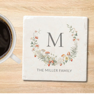 Monogram Whimsical Watercolor Floral Botanical Stone Coaster