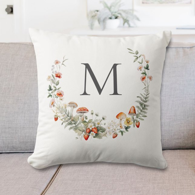 Monogram Whimsical Watercolor Floral Botanical  Throw Pillow (In situ)