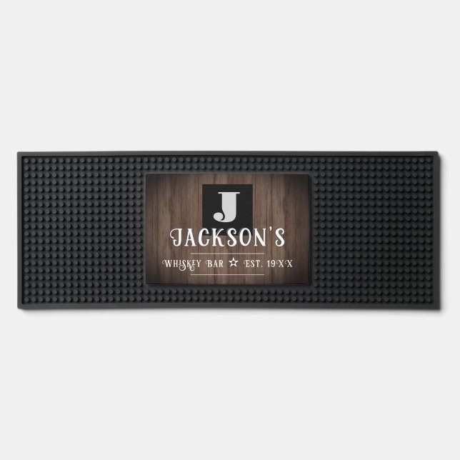 Monogram Whiskey Personalized Faux Wood Bar Mat (Front)