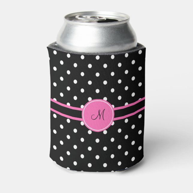 Monogram White and Black Polka Dot Pattern Can Cooler (Can Back)