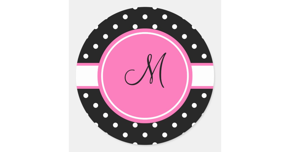 Monogram White and Black Polka Dot Pattern Classic Round Sticker | Zazzle