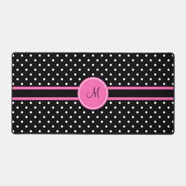 Monogram White and Black Polka Dot Pattern Desk Mat (Front)