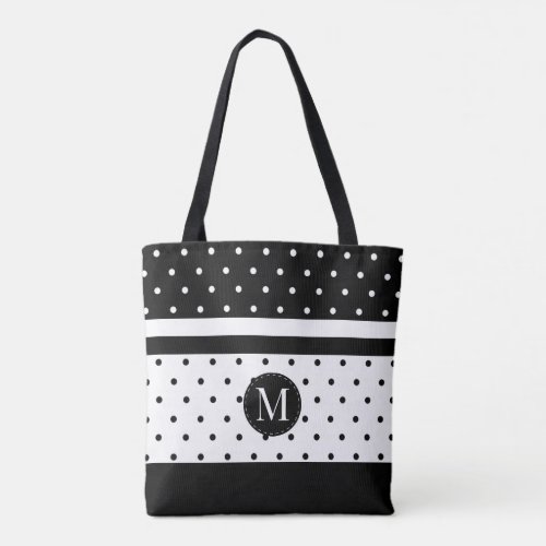 Monogram White and Black Polka Dots Tote Bag