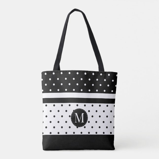 Monogram White and Black Polka Dots Tote Bag (Back)