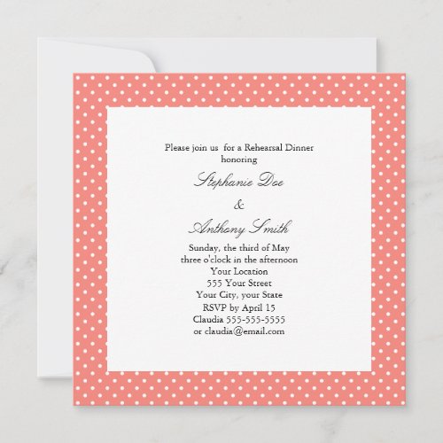 Monogram White and Coral Pink Polka Dot Rehearsal Invite