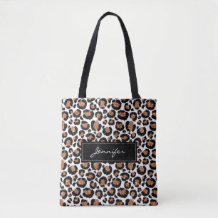 Monogram White and Gold Foil Leopard Pattern Tote Bag