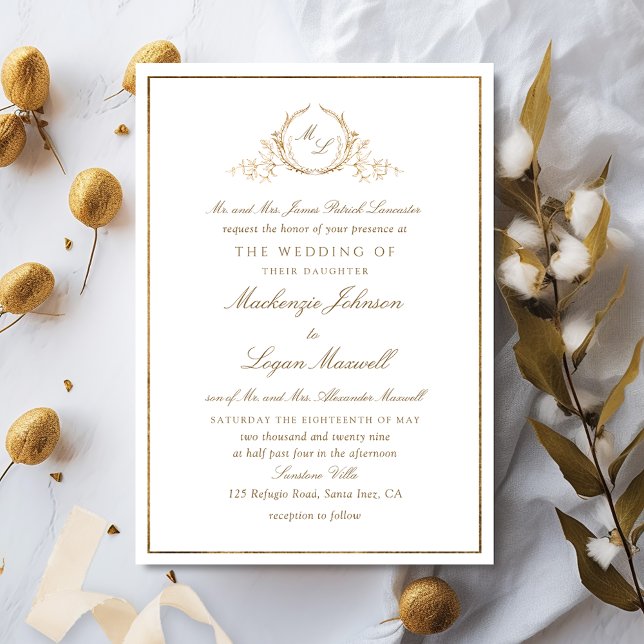 Monogram White and Gold Formal Elegant Wedding Invitation (Creator Uploaded)