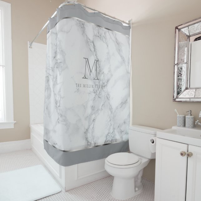 Monogram White and Gray Marble Design Shower Curtain (In Situ)