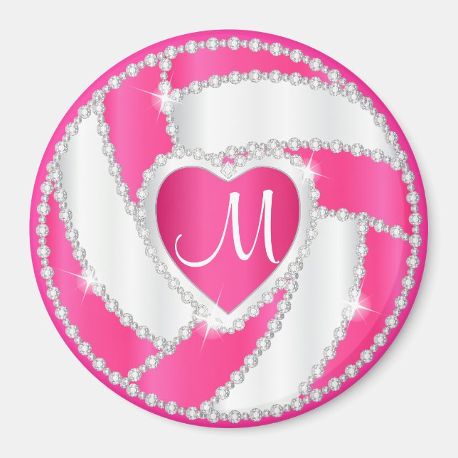 Monogram White and Hot Pink Diamond Volleyball Magnet (Front)