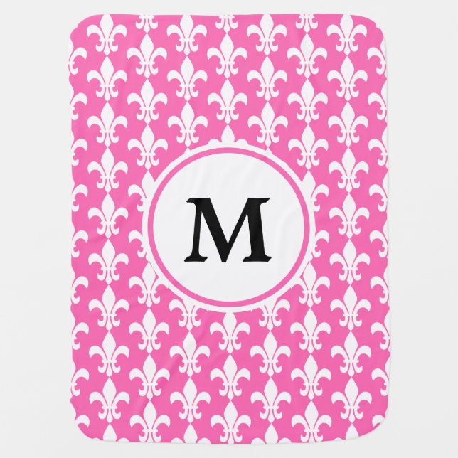 Monogram White and Hot Pink Fleur de Lis Pattern Baby Blanket (Front)