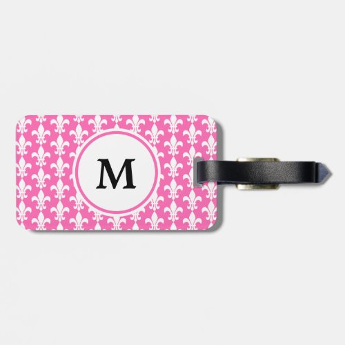 Monogram White and Hot Pink Fleur de Lis Pattern Luggage Tag