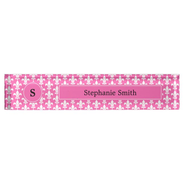 Monogram White and Hot Pink Fleur de Lis Pattern Name Plate (Front)