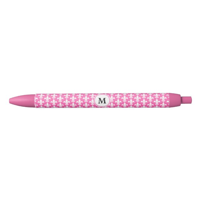 Monogram White and Hot Pink Fleur de Lis Pattern Pen (Front)