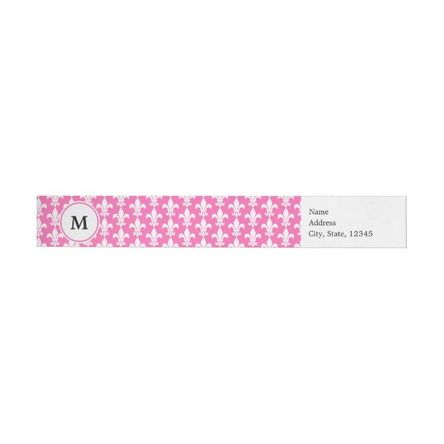 Monogram White and Hot Pink Fleur de Lis Pattern Wrap Around Label (Individual)