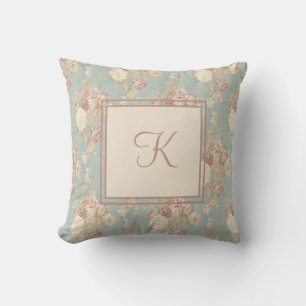 Monogram White and Pink Blush Roses on Blue Throw Pillow
