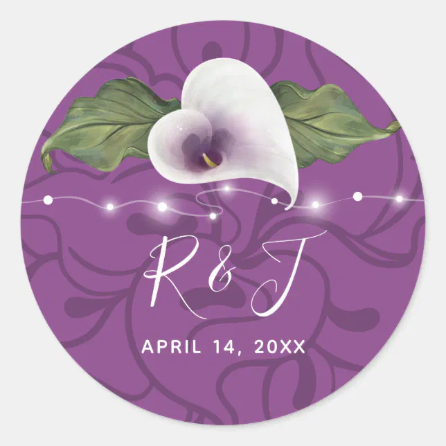 Monogram White and Purple Calla Lily Wedding Classic Round Sticker | Zazzle