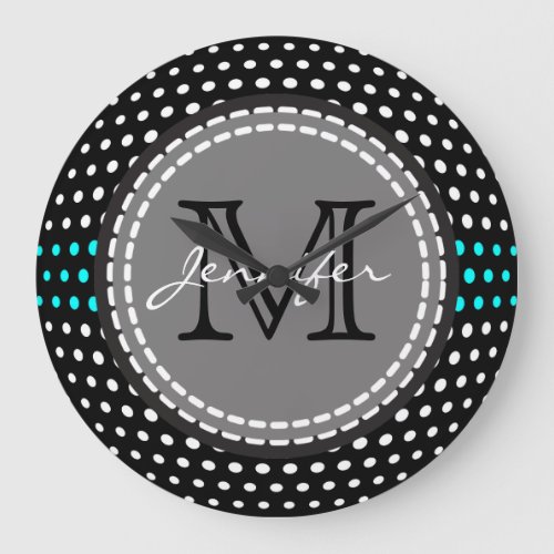 Monogram White  Aqua Polka Dots Pattern Large Clock