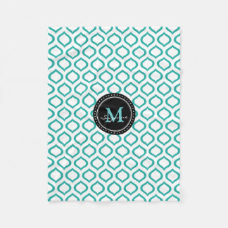 Monogram | White Aqua Trellis Pattern Fleece Blanket