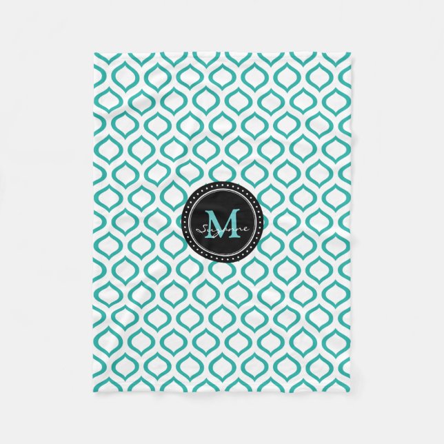 Monogram | White Aqua Trellis Pattern Fleece Blanket (Front)