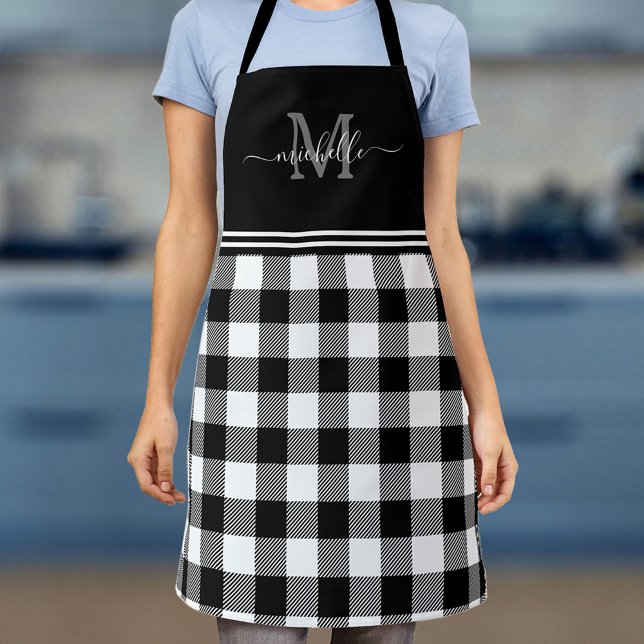 Monogram White Black Buffalo Plaid Apron (Creator Uploaded)